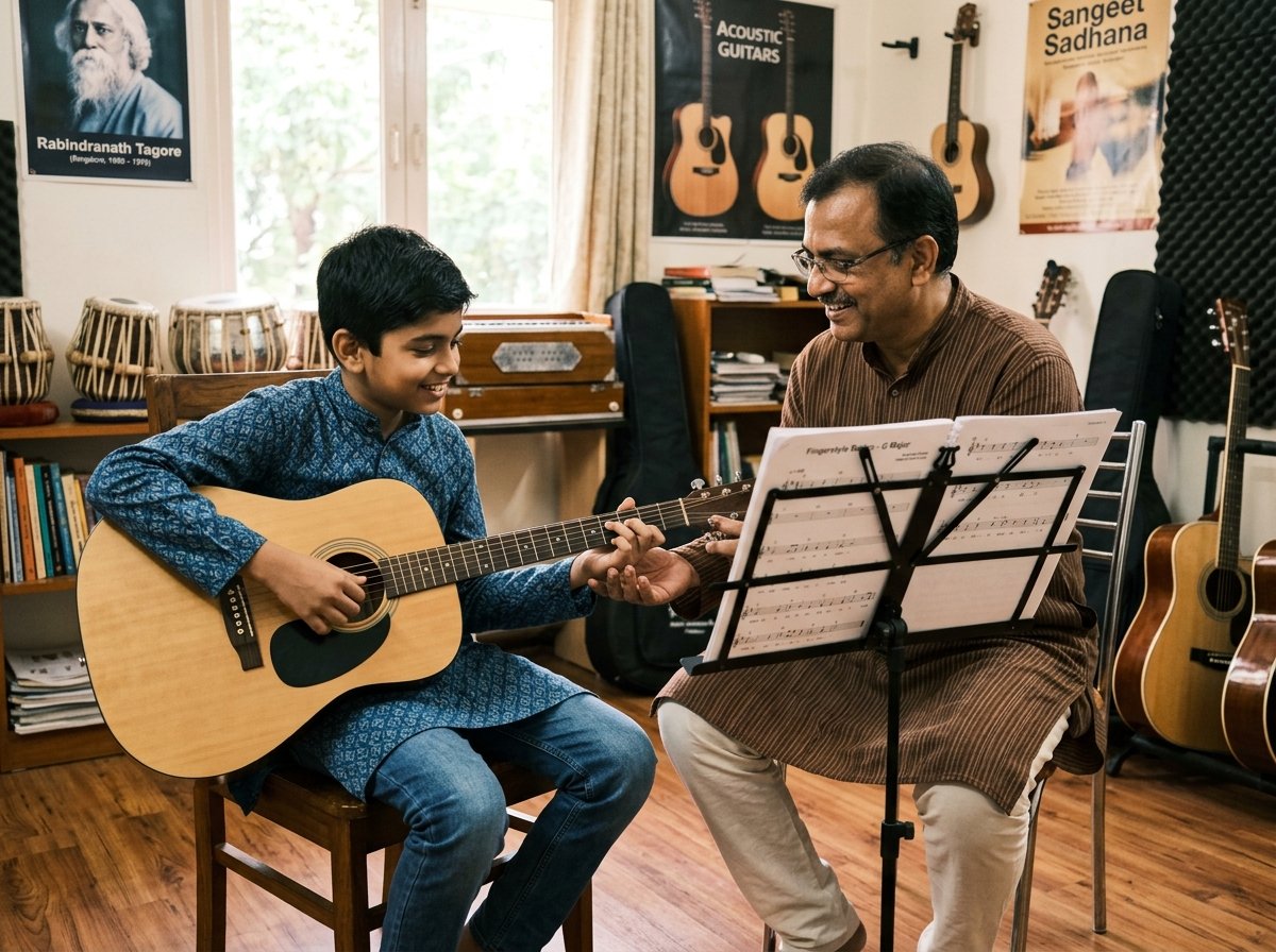 Acoustic guitar lesson in studio