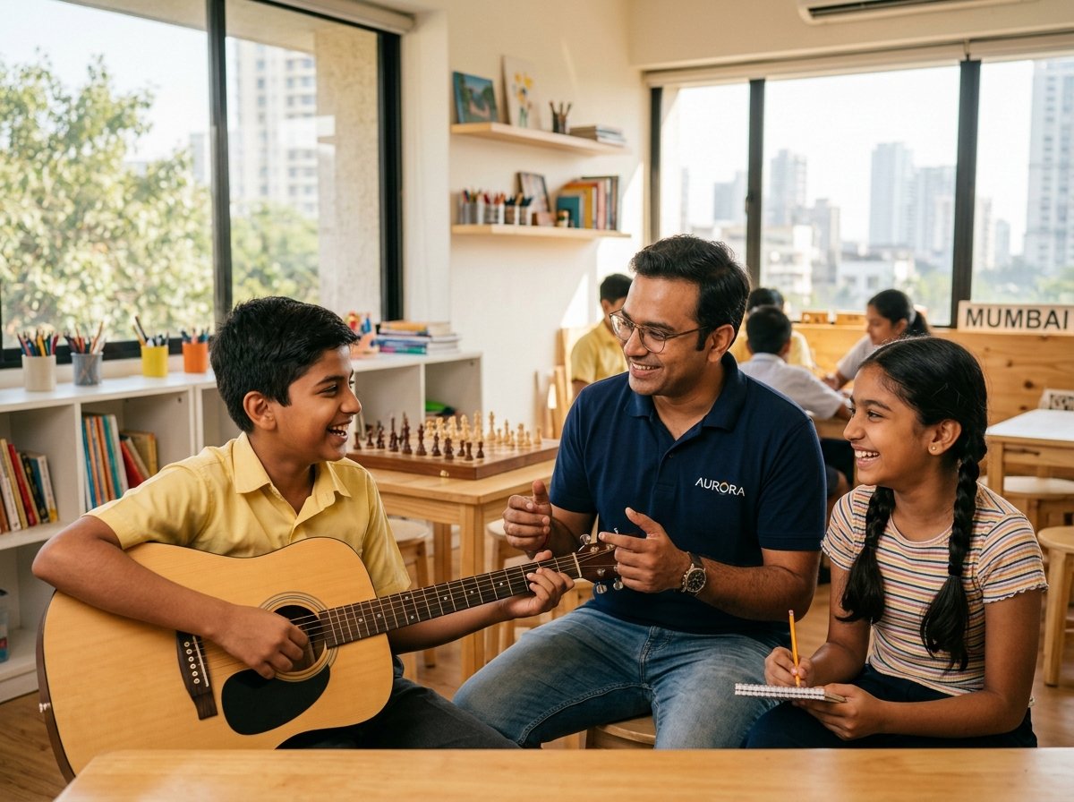 Students learning guitar and playing chess in studio